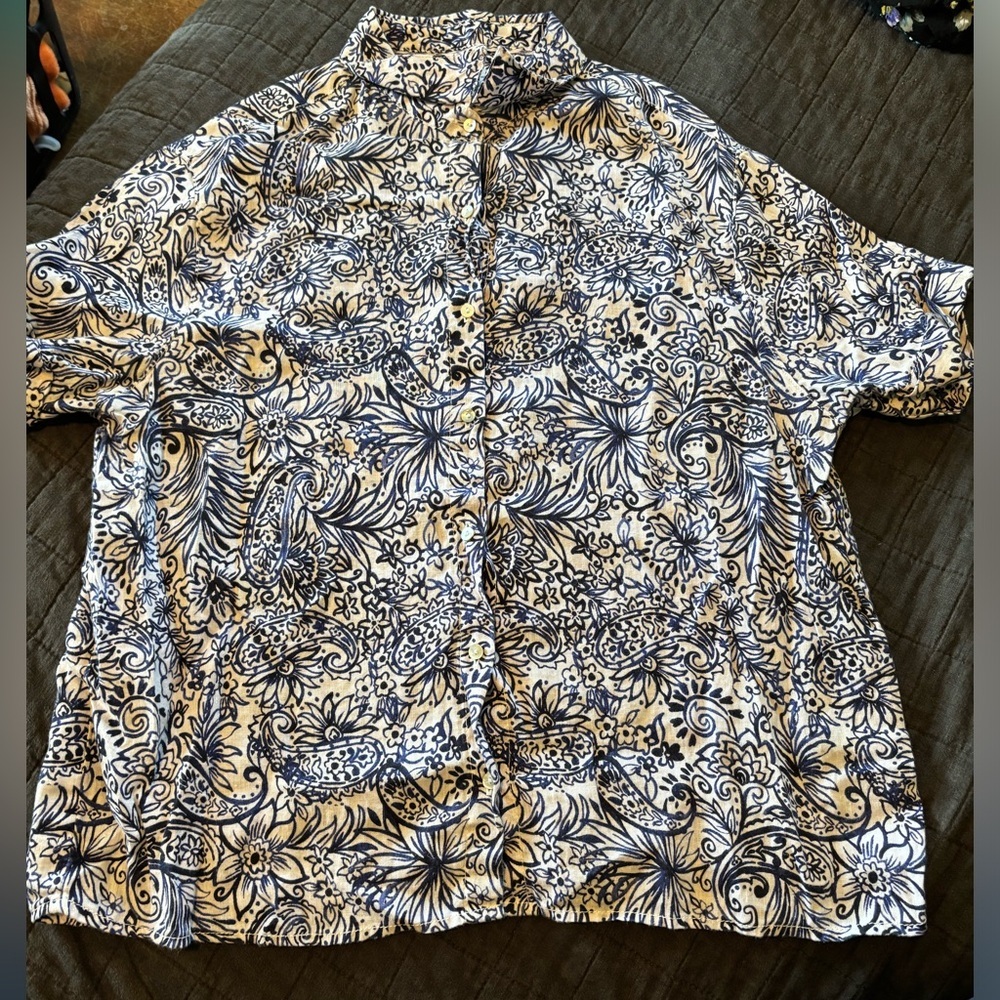 Sigrid Olsen Scandinavian Modern Floral Print 100% Linen Relaxed Shirt Small